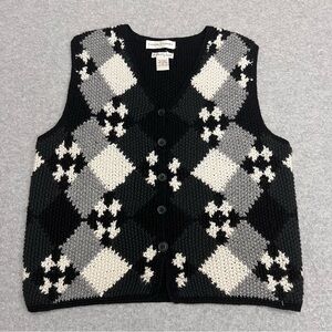 Vintage Black & White Argyle Womens Size Small Cardigan Sweater Vest Wool Preppy